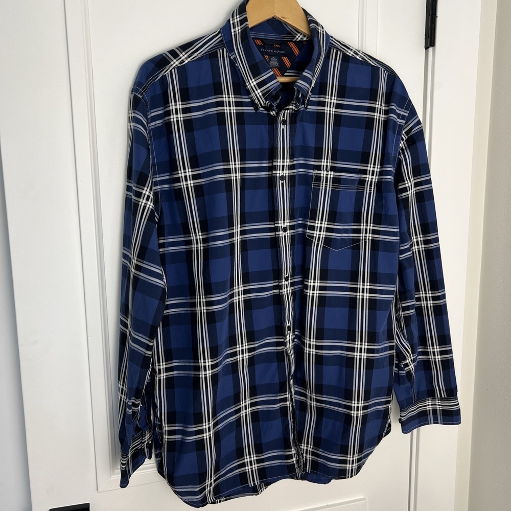 TOMMY HILFIGER Men's‎ Shirt Long Sleeve Blue Plaid Button Down Cotton Blend XL